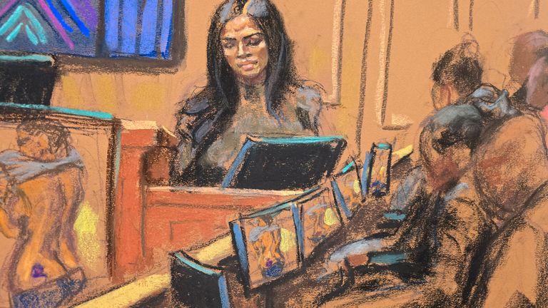 After being shown images from a Freak Off (not shown to the public), jurors are shown images of what Casandra "Cassie" Ventura described as bruises from Sean "Diddy" Combs, at Combs' sex trafficking trial in New York City, New York, U.S., May 14, 2025 in this courtroom sketch. REUTERS/Jane Rosenberg
