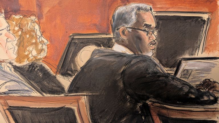Sean Diddy Combs sits at the defence table before the start of jury selection at Manhattan federal court. Sketch: Elizabeth Williams via AP