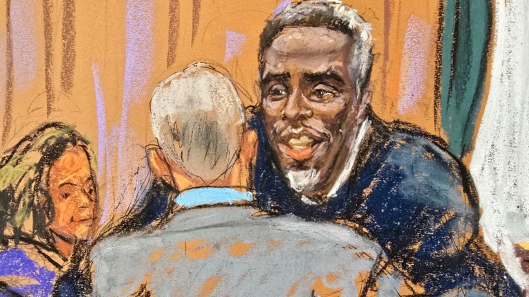 Sean 'Diddy' Combs embraced his attorneys before jury questioning got under way in his sex trafficking trial in New York City. Sketch: REUTERS/Jane Rosenberg