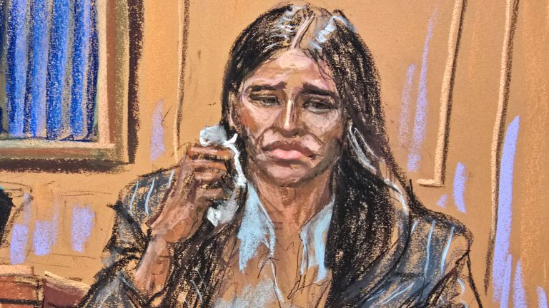Casandra "Cassie" Ventura cries on the stand during redirect during Sean "Diddy" Combs' sex trafficking trial in New York City, New York, U.S., May 16, 2025 in this courtroom sketch. REUTERS/Jane Rosenberg