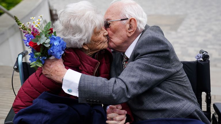 RAF veterans Kathleen, 101, and Roy Lawrence, 101, who have been married for 74 years, at the National Memorial Arboretum, ahead of a memorial event hosted by the Royal British Legion to mark the 80th anniversary of VE Day, in Alrewas, Staffordshire.
Pic: PA