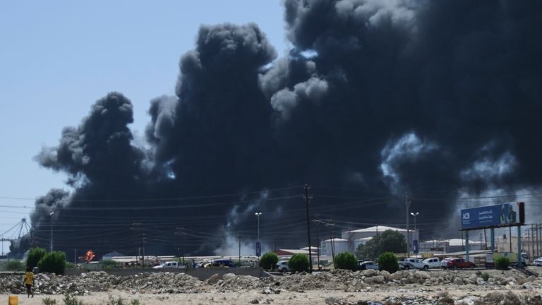 Smoke billows after drone strikes by the paramilitary Rapid Support Forces (RSF) targeted the northern port in the Red Sea city of Port Sudan, Sudan.
Pic: AP