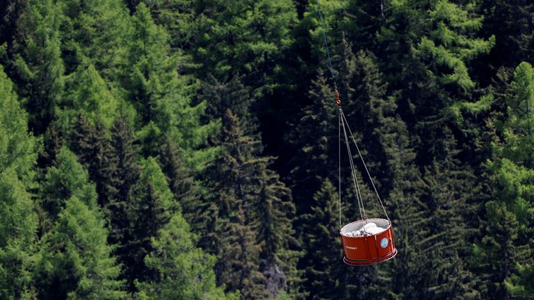 Sheep are carried by helicopter near Blatten, Switzerland May 29, 2025. REUTERS/Stefan Wermuth