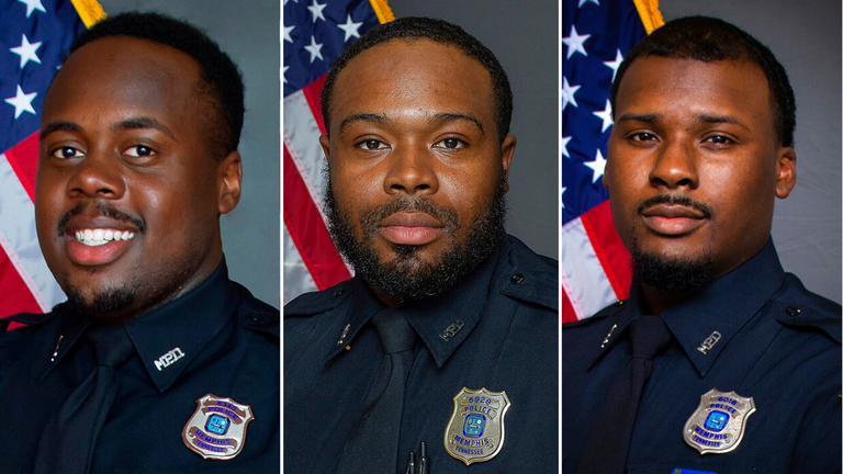 From left Tadarrius Bean, Demetrius Haley, Justin Smith, three former Memphis officers acquitted of state charges, including second-degree murder, in the fatal beating of Tyre Nichols after he ran away from a traffic stop in 2023. Memphis Police Dept. / via AP file