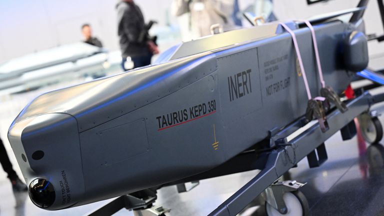 A general view of Taurus cruise missile of Europe's multinational developer and manufacturer of missiles MBDA at their headquarters, in Schrobenhausen near Munich, Germany, March 5, 2024. REUTERS/Angelika Warmuth

