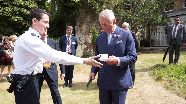 The King, who was then Prince Charles meets an officer in Hyde Park in 2017. Pic: PA