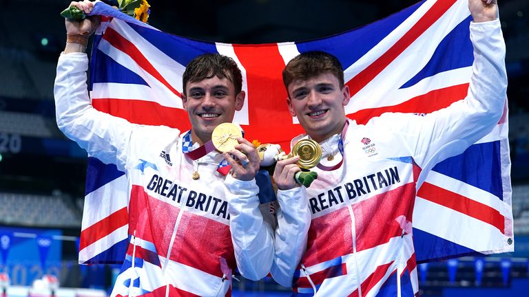 (L-R) Tom Daley and Matty Lee celebrate winning gold in the Men's Synchronised 10m Platform Final at the Tokyo 2020 Olympics. Pic: PA