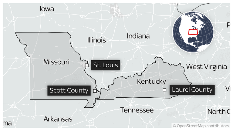 Map showing location of tornadoes which have swept across the Midwest leaving at least 21 dead, inc Missouri and Kentucky