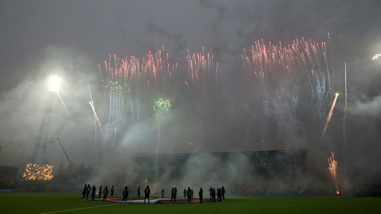 Soccer Football - Europa League - Semi Final - Second Leg - Bodo/Glimt v Tottenham Hotspur - Aspmyra Stadion, Bodo, Norway - May 8, 2025 General view of fireworks inside the stadium before the match Action Images via Reuters/Paul Childs