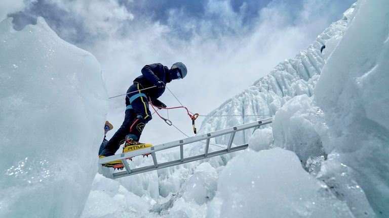 A mountaineer takes part in a training session at Khumbu Icefall before beginning his ascent to the summit of Mount Everest in Nepal, April 27, 2025. (AP Photo/Pasang Rinzee Sherpa)