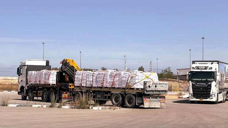 Trucks carrying aid are seen at the Kerem Shalom crossing between Israel and Gaza. 
Pic: Reuters