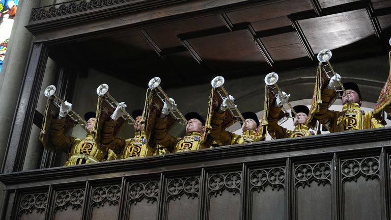 State Trumpeters play a fanfare during a service of thanksgiving at Westminster Abbey