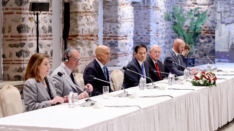 U.S. Ambassador to Turkey Tom Barrack, U.S. Secretary of State Marco Rubio and U.S. Special Envoy Keith Kellogg attend the Turkey, U.S., Ukraine trilateral talks in Istanbul, Turkey.
Pic: Turkish Foreign Ministry/