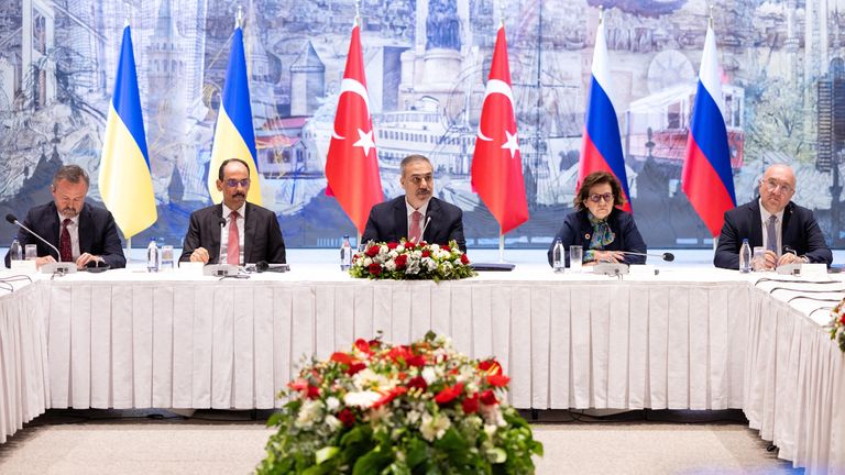 Turkish foreign minister Hakan Fidan chairs a meeting between Ukrainian and Russian negotiators in Istanbul. Pic: Reuters