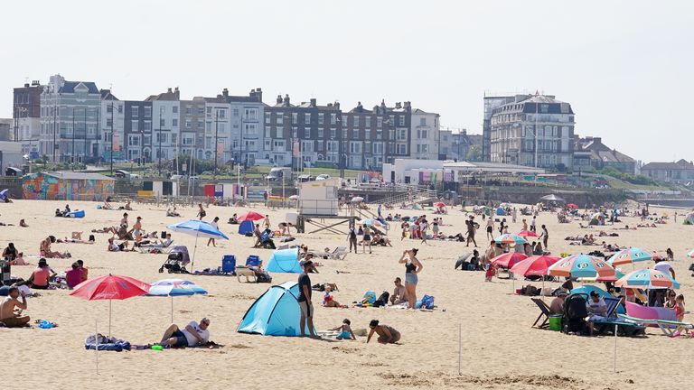 People enjoy the warm weather on the beach in Margate, Kent. Thursday is expected to be the hottest day of the year so far, with forecasters predicting temperatures could hit 30C at the earliest point on record. Picture date: Thursday May 1, 2025.