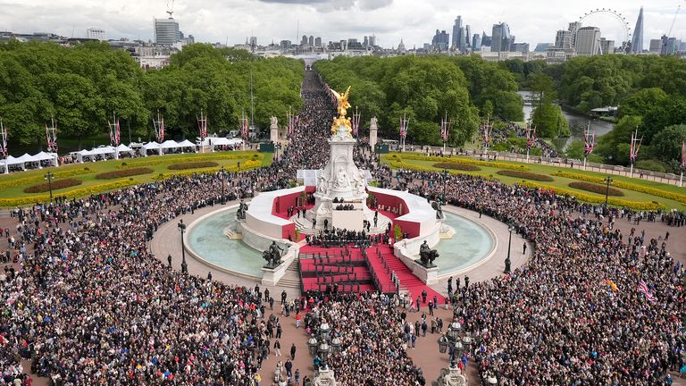 Members of the public walk up The Mall following a military procession marking the 80th anniversary of VE Day.
Pic: PA