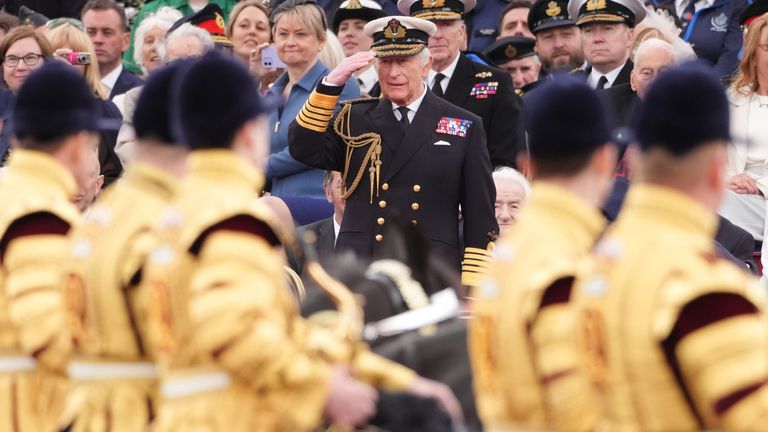 PABest..King Charles III takes the salute from the military procession for the 80th anniversary of VE Day, at Buckingham Palace in central London. Picture date: Monday May 5, 2025. PA Photo. Around 1300 members of the armed forces, including the Royal Navy, the Royal Marines, the British Army and the Royal Air Force, along with Commonwealth nations, Ukraine, and Nato allies are taking part in the military procession for Victory in Europe Day, which is celebrated each year on May 8, marking the day the Allies formally accepted Germany's surrender in 1945. See PA story MEMORIAL VEDay. Photo credit should read: Jonathan Brady/PA Wire