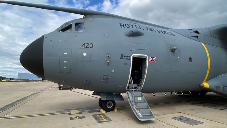 The A400M can carry large loads up to 37 tonnes, such as armoured vehicles an helicopters