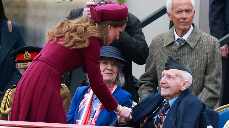 The Princess of Wales shakes hands with a veteran.
Pic: Reuters