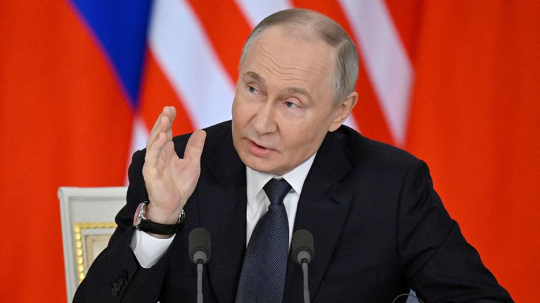 Russian President Vladimir Putin speaks during a joint media statement with Malaysian Prime Minister Anwar following their talks at the Kremlin in Moscow, Russia May 14, 2025. Alexander Nemenov/Pool via REUTERS