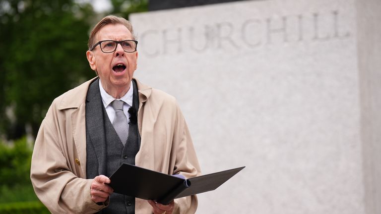 Timothy Spall during rehearsals for his reading of Sir Winston Churchill's 1945 victory speech.
Pic: PA