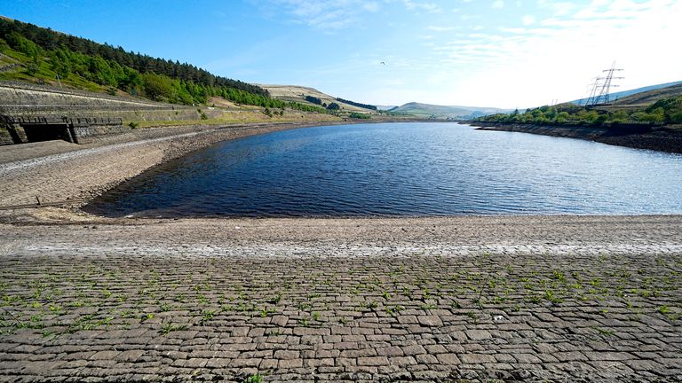 A view of the water levels at Woodhead Reservoir in Longdendale, Derbyshire. 
Pic: PA