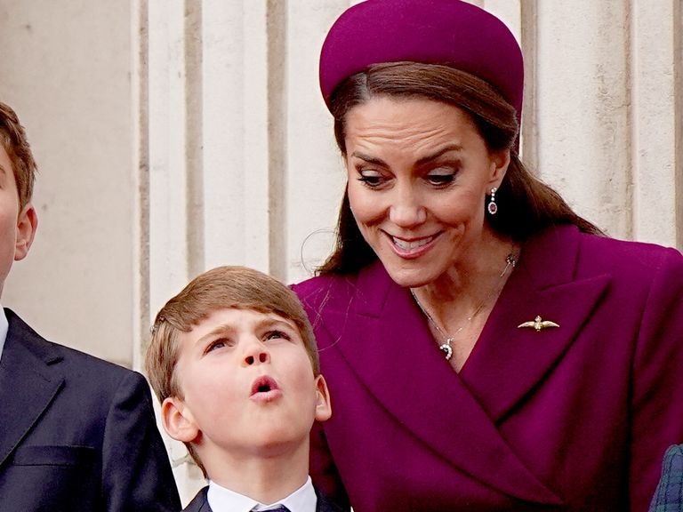 The Princess of Wales and Prince Louis on the balcony of Buckingham Palace, London, to view the fly past featuring the Royal Air Force's Red Arrows and current and historic military aircraft, at the end of the military procession marking the 80th anniversary of VE Day, and in honour of those who served during the Second World War, May 5, 2025.  Aaron Chown/Pool via REUTERS