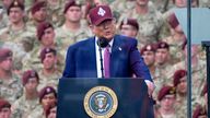 President Donald Trump speaks at Fort Bragg, Tuesday, June 10, 2025, in Fort Bragg, N.C. (AP Photo/Alex Brandon)
