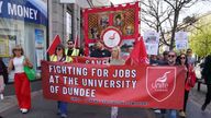 Trade unionists, community activists, students and staff from the University of Dundee take part in a rally and march in Dundee after the un
