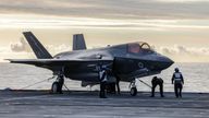 A F35 fighter is prepared for take off on the deck of HMS Prince of Wales Picture date: Thursday April 24, 2025. Pic: PA 