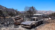 Destroyed cars stand on scorched land following a wildfire on the island of Chios, Greece.
Pic: Reuters