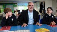 Britain's Prime Minister Keir Starmer visits a school to outline the government's plans to extend free school meals to half a million children, in Essex, England, Thursday, June 5, 2025. (Isabel Infantes/Pool Photo via AP)