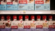 Slim Fast weight loss products are seen at a Kroger supermarket, Friday, April 12, 2024, in Marietta, Ga. Sales of SlimFast sold at supermarkets have dropped as people turn to weight loss drugs and retailers cut shelf space for diet products, the brand's parent company, Glanbia, told investors in February. (AP Photo/Mike Stewart)