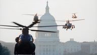 A swarm of U.S. Army helicopter prepare to land on the Mall near the U.S. Capital on Thursday, June 6, 1991 in preparation for Saturday’s Na