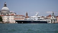 One of the luxury yachts used by guests at the wedding of US billionaire Jeff Bezos Jeff Bezos and Lauren Sánchez, the "Arience", AP Images
