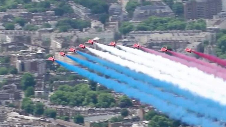 Red Arrows fly over Buckingham Palace for Trooping the Colour.