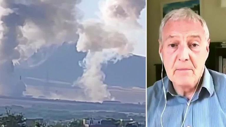 michael clarke speaking on Sky news split with an image of smoke following an attack