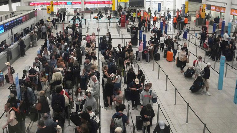 A general view of part of the departure hall that is used by Air India at Gatwick Airport near London, Thursday, June 12, 2025, after an Air India jet bound for London crashed in Ahmedabad, India with more than 240 people on board. (AP Photo/Kin Cheung)