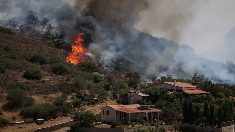 Cuma günü yangınların patlak vermesinden sonra Atina yakınlarında, Thymari'nin üzerine alevler yükseliyor. Pic: Reuters