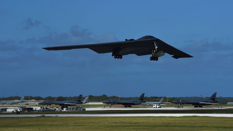 A U.S. Air Force B-2 Spirit bomber takes off from Andersen Air Force Base, Guam January 11, 2018. Picture taken January 11, 2018. U.S. Air F