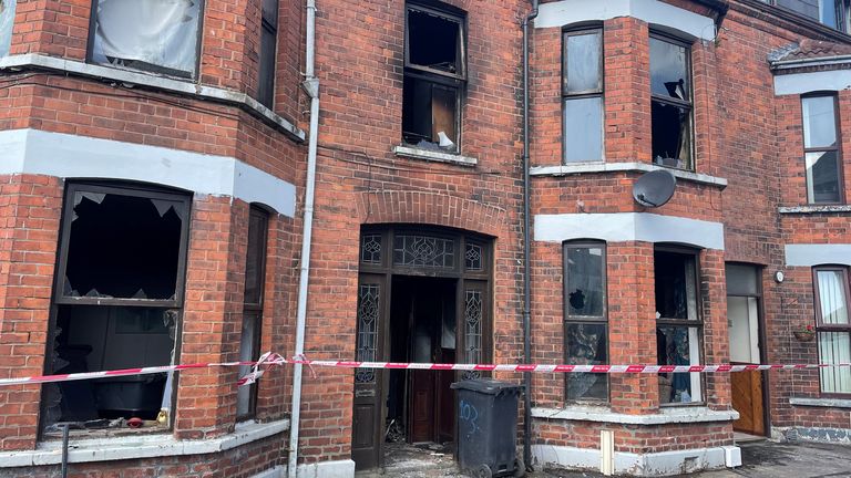 Damaged property at Clonavon Terrace, Ballymena following a protest over an alleged sexual assault in the Co Antrim town.
Pic: PA