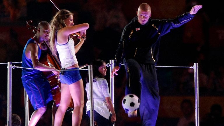 David Beckham kicks a ball during closing ceremony of Beijing Olympics. Pic: Reuters