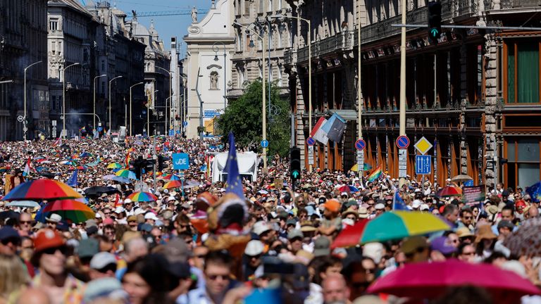 People attend the Budapest Pride March in Budapest, Hungary, June 28, 2025. REUTERS/Lisa Leutner