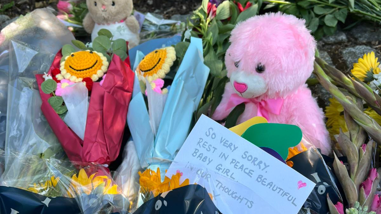 Flowers and soft toys left at the scene of Chalkwell Park, Southend, where a tree collapsed