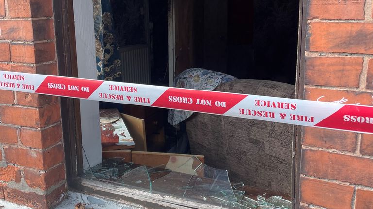 Damaged property at Clonavon Terrace, Ballymena following a protest over an alleged sexual assault in the Co Antrim town.
Pic: PA