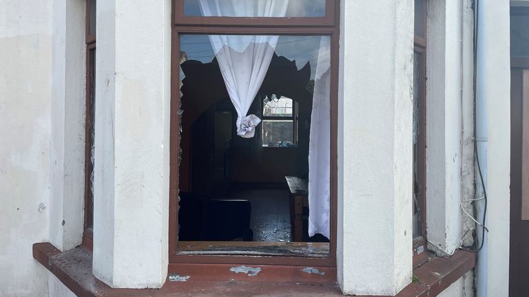 Damaged property at Clonavon Terrace, Ballymena following a protest over an alleged sexual assault in the Co Antrim town.
Pic:PA