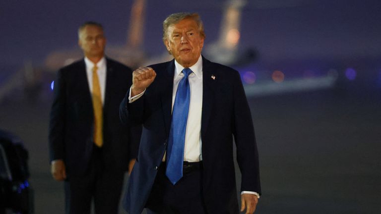 Donald Trump gestures after returning early from the G7 Leaders' Summit.
Pic: Reuters