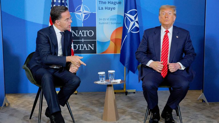 Donald Trump meets with NATO Secretary General Mark Rutte at the NATO summit.
Pic: Reuters