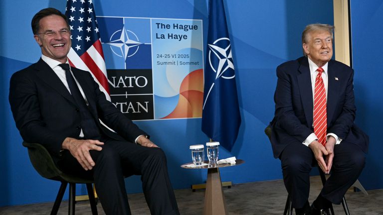 NATO Secretary General Mark Rutte, left, meets with President Donald Trump, center, Secretary of State Marco Rubio, and Defense Secretary Pete Hegseth, right, on the occasion of a NATO summit in The Hague, Netherlands, Wednesday, June 25, 2025.(Brendan Smialowski/Pool Photo via AP)