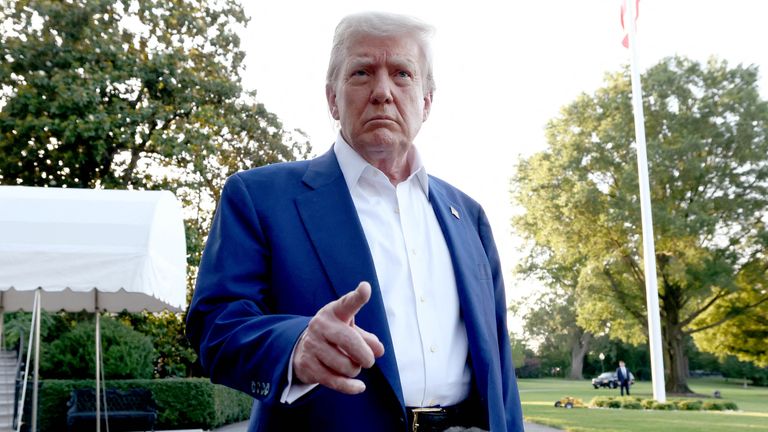 Donald Trump speaks to media ahead of boarding Marine One to depart to attend the NATO Summit.
Pic:: Reuters